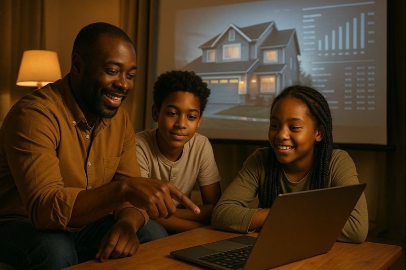Parent teaching children deal analysis on a laptop